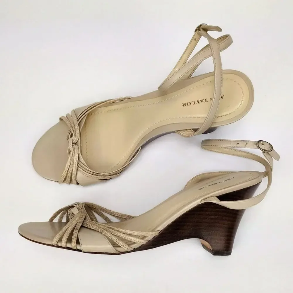 Ann Taylor Beige Leather Ankle Wrap Wedges